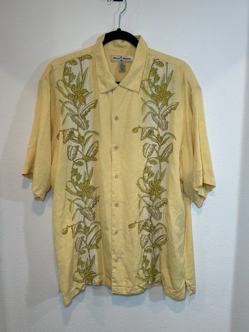 Tommy Bahama Men's Yellow Hawaiian Floral Plant Embroider Silk Shirt Size Large